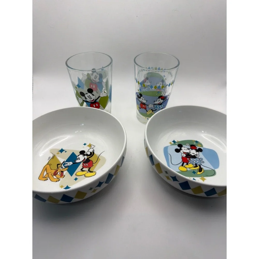 Disney Mickey Mouse Minnie Pluto Gibson Bowl and Glass Set 4 Piece Harlequin